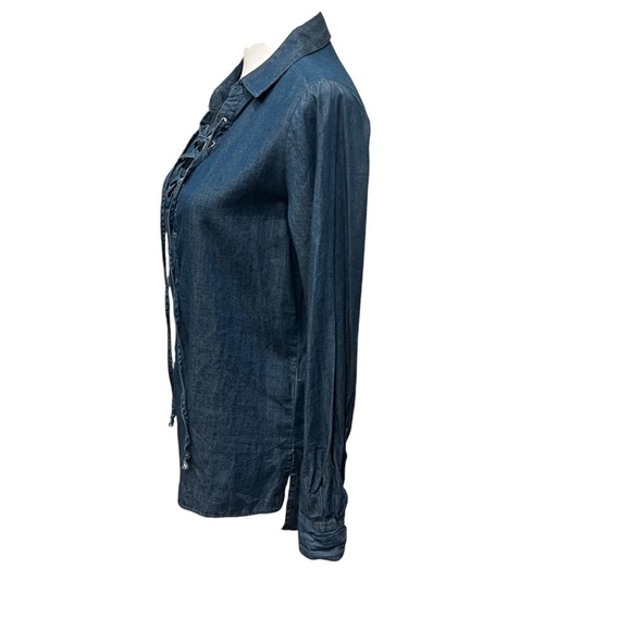 Noble U Lace Up Long Sleeve Collard Chambray Top Blouse Dark Blue Size Small - Picture 4 of 10